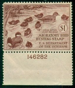 US #RW8, $1.00 Ruddy Ducks, og, hinged, Plate No. Single, VF, Scott $95.00+