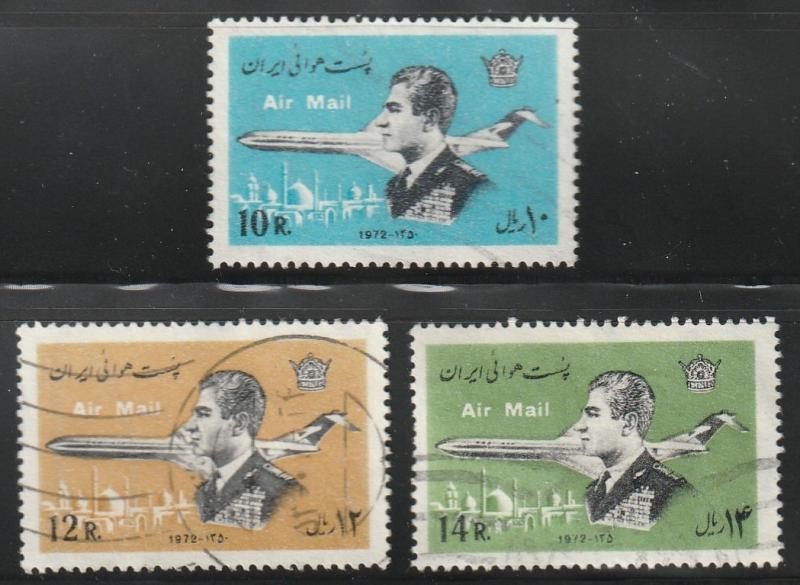 Persian stamp, Scott# C92-C94, used, 3 stamps,Shah and airplane, jet, #C92-C94