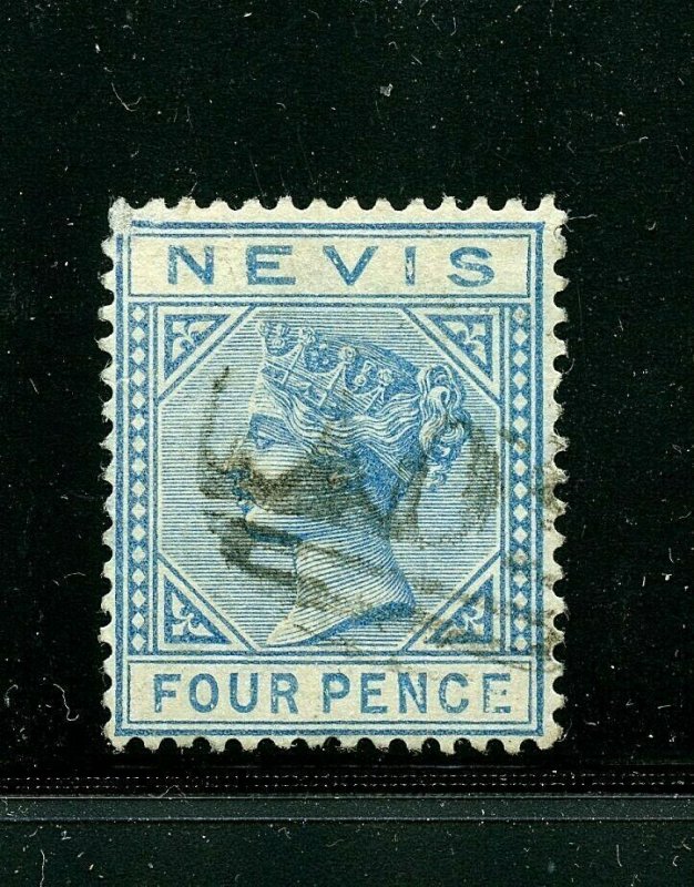 Nevis #26 (NE477) Queen Victoria 4 pence Blue, wmk 2, Used, FVF, CV$55.00