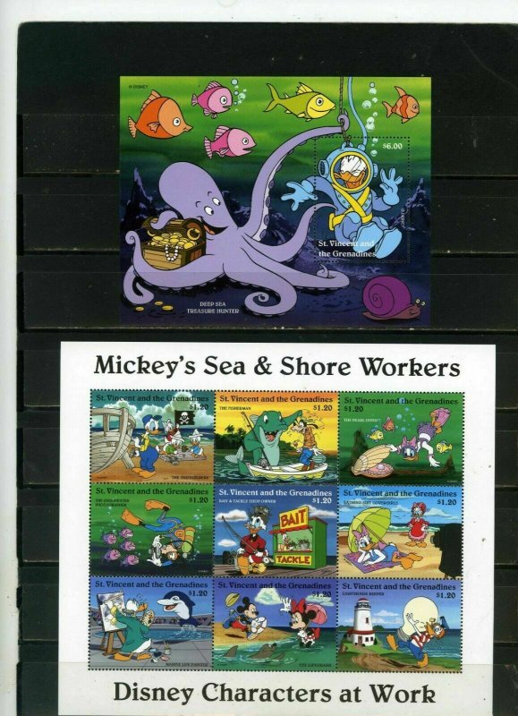 ST.VINCENT 1996 DISNEY MICKEY'S SEA & SHORE WORKERS SHEET OF 9 STAMPS & S/S MNH