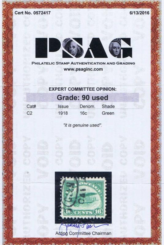 SCOTT# C2 USED 16 CENT AIR MAIL CURTISS JENNY,  1918, PSAG CERT, GRADED 90! 