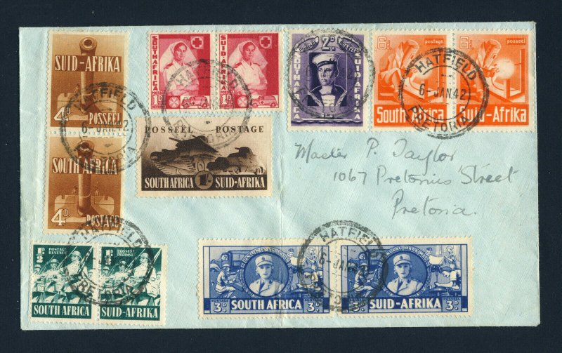 SOUTH AFRICA 1942 War Effort Part Set on Cover PRETORIA Local Post