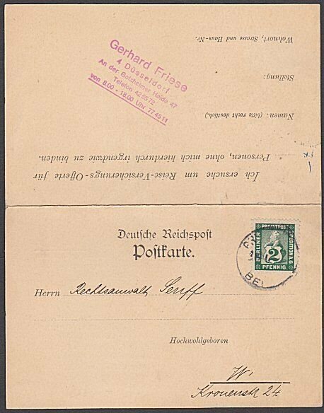 GERMANY BERLIN Private Post c1890s 2pf on postcard used with reply card.....B351