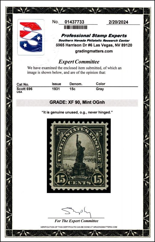 Scott 696 15 Cents Liberty MNH PSE Cert Grade 90 SCV $40.00