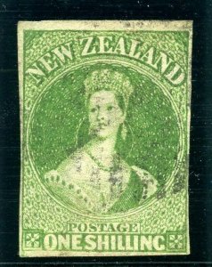 New Zealand 1862 QV 1s yellow-green very fine used. SG 45. Sc 15.