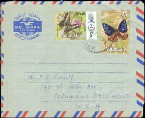 1977  MALAYSIA PERAK AIR MAIL AEROGRAMME + STAMP TO UNITED STATES