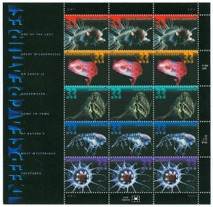 Scott 3439-3443 33c Deep Sea Creatures Mint Sheet of 15 NH Face $4.95 Cat $11.25