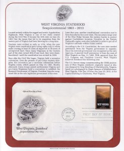 2013 West Virginia Statehood 150 years Sc 4790 FDC, PCS cachet on full page