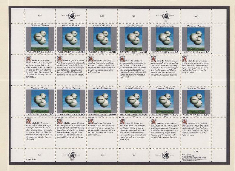 United Nations Geneva #235 MNH 1993 declaration 90c  Magritte  sheet of 12