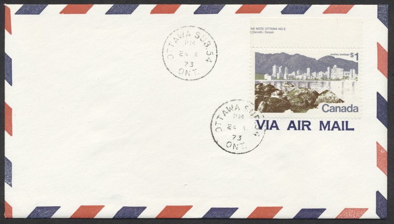 1973 #599 $1 Vancouver (Plate 2) FDC Air Mail Cover Ottawa Sub 54 CDS