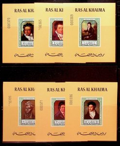 RAS AL KHAIMA MI 635-40 NH DELUXE SHEETS OF 1972 - MUSIC - COMPOSERS - (AF24)