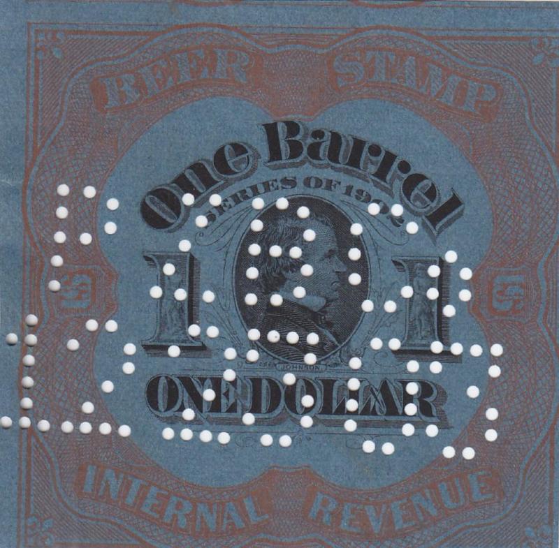 Beer Tax Stamp, Sc #REA 80a, 1902, Dark Blue, Perfin Cancel (25071)