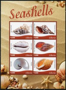 LIBERIA 2016 SEASHELLS SHEET OF SIX   MINT NH