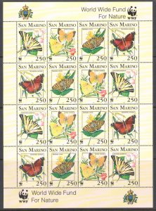 1993 San Marino, Butterfly Minifoglio, WWF - Nature Protection - 16 Value Minifo