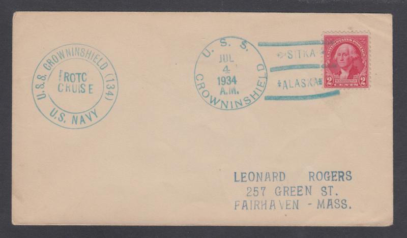 USS CROWNINSHIELD, 1934 SITKA / ALASKA cancel, ROTC Cruise cachet