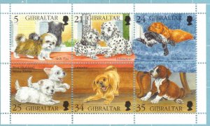 GIBRALTAR, SCOTT #702A-F,  MNH SOUVENIR SHEET OF 6, 1996 DOGS