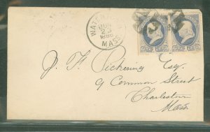 US  Franklin pair postmarked Watertown, MA, June 23, 1886 and addressed to Charleston. The canceller is a pair of 1cent stamps w