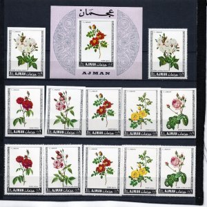 AJMAN 1969 FLOWERS/ROSES 2 SETS OF 6 STAMPS PERF. & IMPERF. & S/S IMPERF. MNH