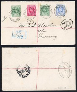 Cayman Islands 1913 registered cover to Germany mixed reign 3 colour franking