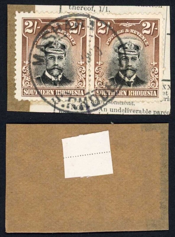 Southern Rhodesia SG12 2/- Black and Brown Perf 14 Pair Used on Piece