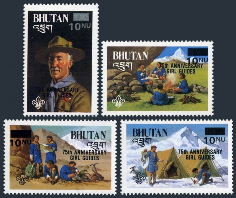 Bhutan 559-562 var,MNH. Girl Guides-75,New value,1986.Lord Baden Powell.Campfire