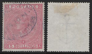 GB 1867 5s rose plate 4 watermark anchor blued paper sg130 very fine used,