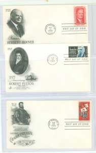 US 1269-71 1965 3 U/A FDCs, artcraft cachets, Herbert Hoover, Robert Fulton, Florida Quadricentennial