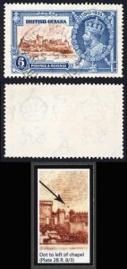 British Guiana 1935 Silver Jubilee 6c Dot to left of chapel SG302g Fine used