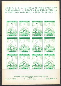 USA  1957 ASDA Stamp Show New York WHOOPING CRANE BIRDS Labels Sheet MNH 10