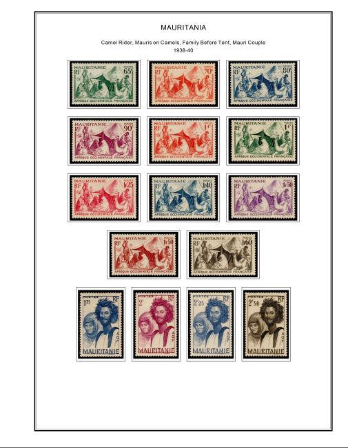 COLOR PRINTED MAURITANIA 1906-1944 STAMP ALBUM PAGES (15 illustrated pages)