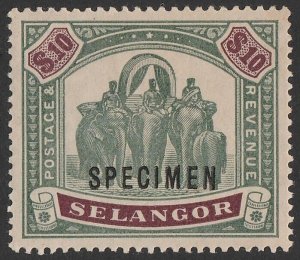 MALAYA - Selangor 1895 Elephants $10 green & purple, SPECIMEN. normal cat £950.