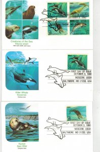 CREATURES OF THE SEA FLEETWOOD SET OF 5 FDCs & BLOCK  DOLPHIN OTTER WHALE Nice!!