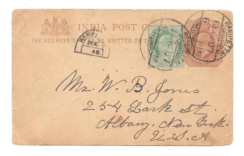 1907 India Ranipettai Uprated Horseshoe DUE to US KEVII Postal Stationery Card