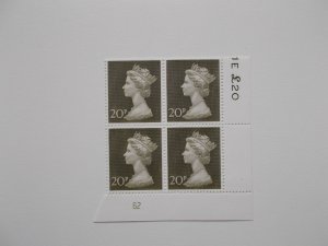 1970 20p Machin High Value in Plate Block of 4 (Plate 62) on Contractor's Paper
