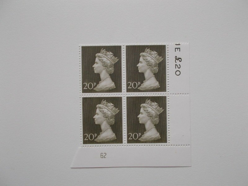 1970 20p Machin High Value in Plate Block of 4 (Plate 62) on Contractor's Paper