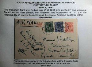 1925 Westminster South Africa First Experimental Flight PC Cover FFC To England