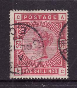 Great Britain-Sc#108-used 5sh carmine rose QV-small [ 3/16 / 4 mm ] tear top ri