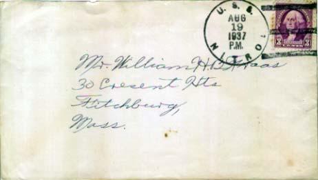 United States Ships 3c Washington 1937 U.S.S. Nitro Type 3r AE 2 to Fitchburg...