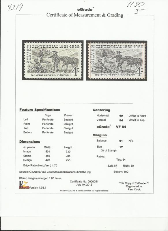 # 1130 MINT NEVER HINGED SILVER CENTENNIAL     VF+