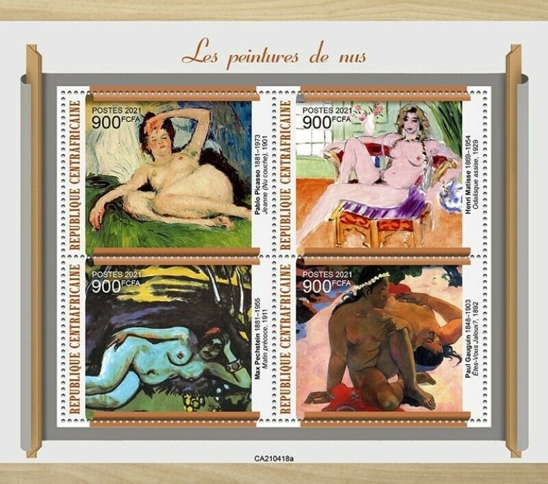 Central Africa - 2021 Nude Paintings, Picasso, Matisse - 4 Stamp Sheet CA210418a 