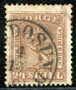 NORWAY Stamp Scott.10 24s Brown (1863) CDS Postmark Used Cat $65- YELLOW155