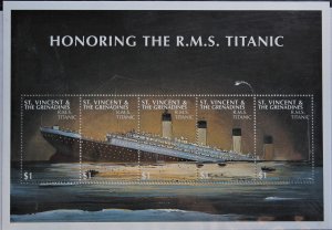 St. Vincent #2500  Honoring the Titanic 1997 S/S, MNH, OG Certificate