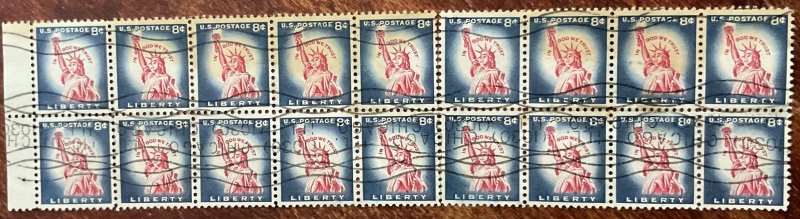 US #1042 Used Block of 18 Statue of Liberty Stain Perf Sep L40