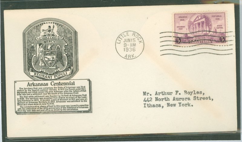 US 782 1936 3c Arkansas Centennial (single) on an addressed (typed) FDC with an Anderson cachet