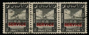 PAKISTAN SGO31 1949 8a BLACK STRIP OF 3 FINE USED