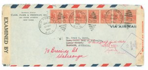 US 815 1942 Seven 10c Tyler (presidential/prexy series) stamps franked this June 1942 from NYC to Australia paying the 70c per h