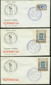 MEXICO 897(2), C299 SET OF 3 COMMEM CACHET CVRS STAMP SHOW 1964. VF. (6)