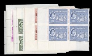 Mauritius #251-265 Cat$260, 1952-54 QEII, complete set in blocks of four, nev...