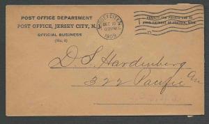 DATED 1909 COVER U.S. OFFICIAL POST OFFICE COVER JERSEY CITY NJ