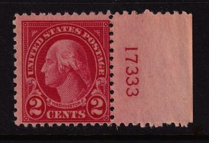 1923 Washington 2c carmine Sc 554 MNH right plate number single CV $15 (R11